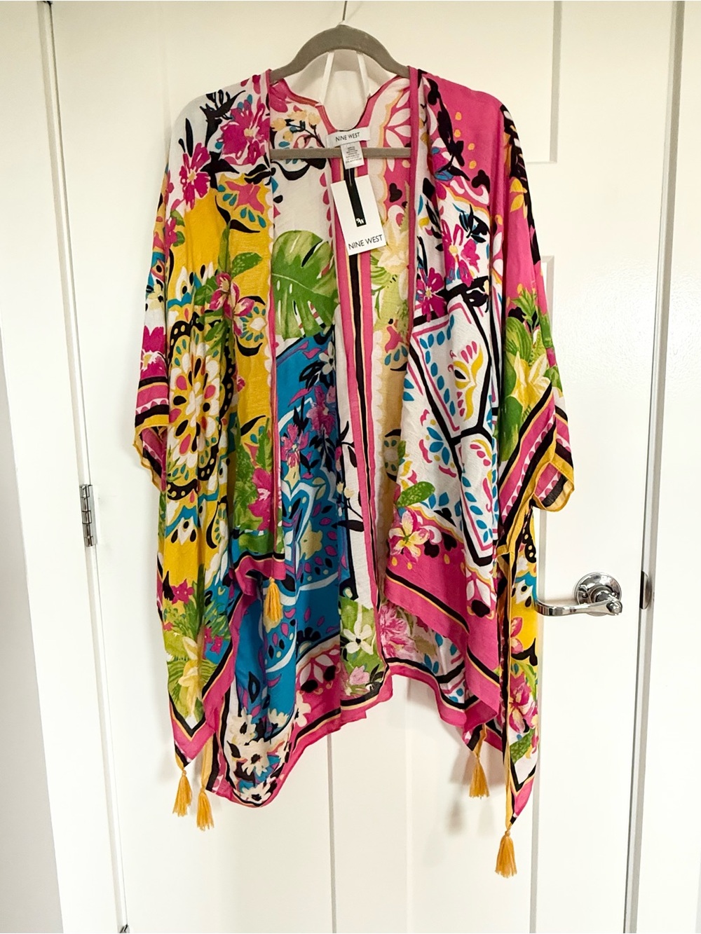 Nine West Colorful Floral Tassel Kimono in Pink, Yellow, Blue, Green
